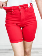 JUDY BLUE Love tummy control shorts in vibrant red, perfect for summer outfits or game day looks.