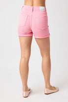 Back view of Judy Blue Katie Tummy Control Shorts in bubble gum pink, highlighting shaping and fit.