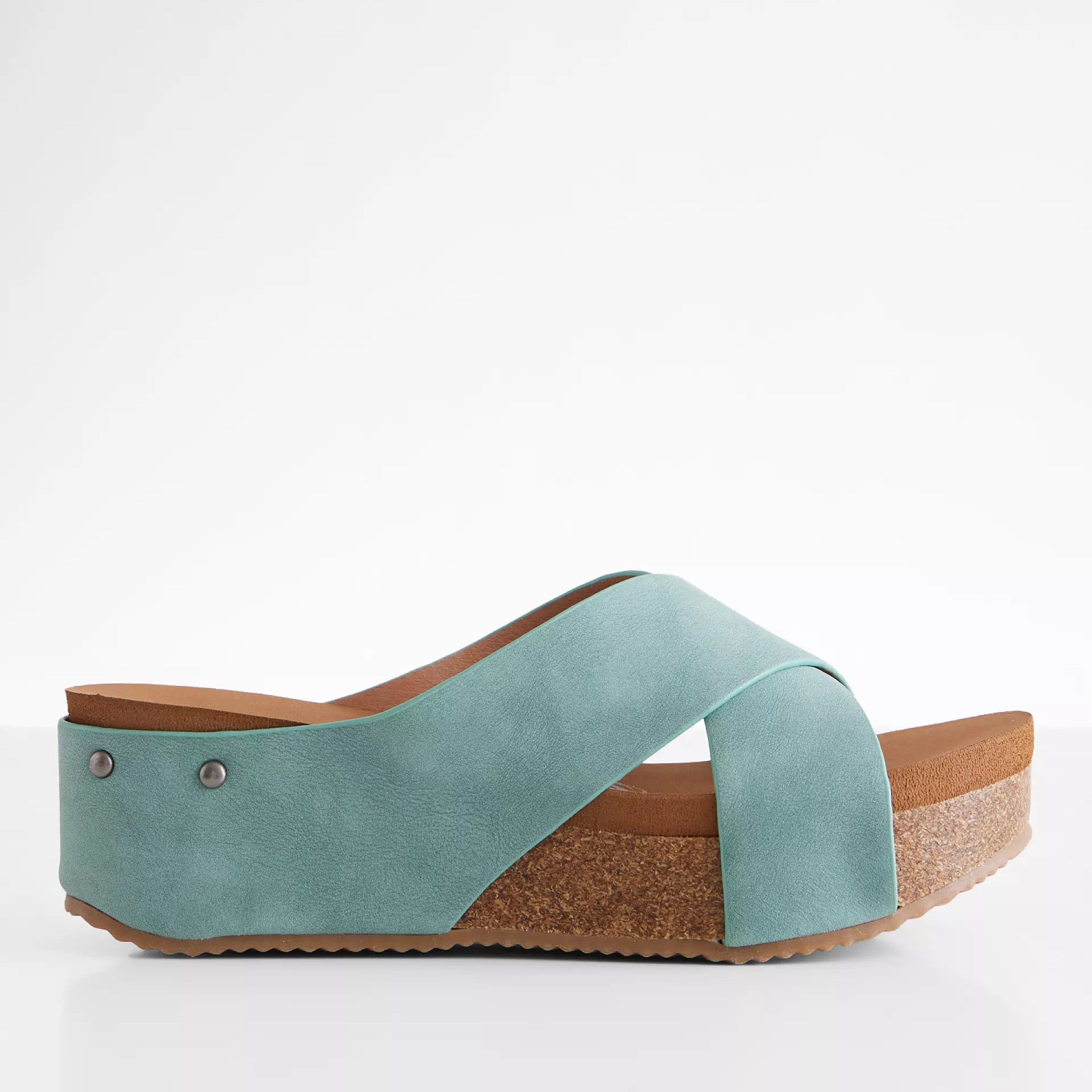 Teal cork wedge sandals by Very G with distressed faux leather straps and ultra-cushioned footbed.