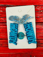 Sparkling blue HOWDY earrings with cowboy hat, perfect for western-themed events and stylish accessories.