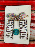 Sparkly Howdy Earrings with cowboy hats, perfect for western style and rodeos. Colorful, stylish, and eye-catching accessory.