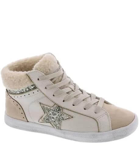 High-top cream beige sneakers with glitter star, sherpa accents, and cushioned footbed by VERY G.