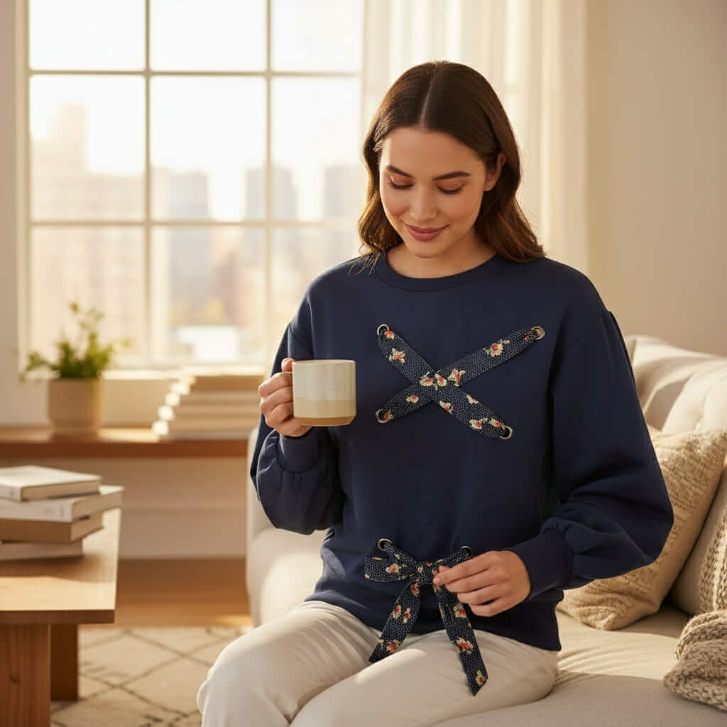 Model wearing SOFT TIES Crewneck Pullover By Skies Are Blue, holding a mug in a cozy living room.