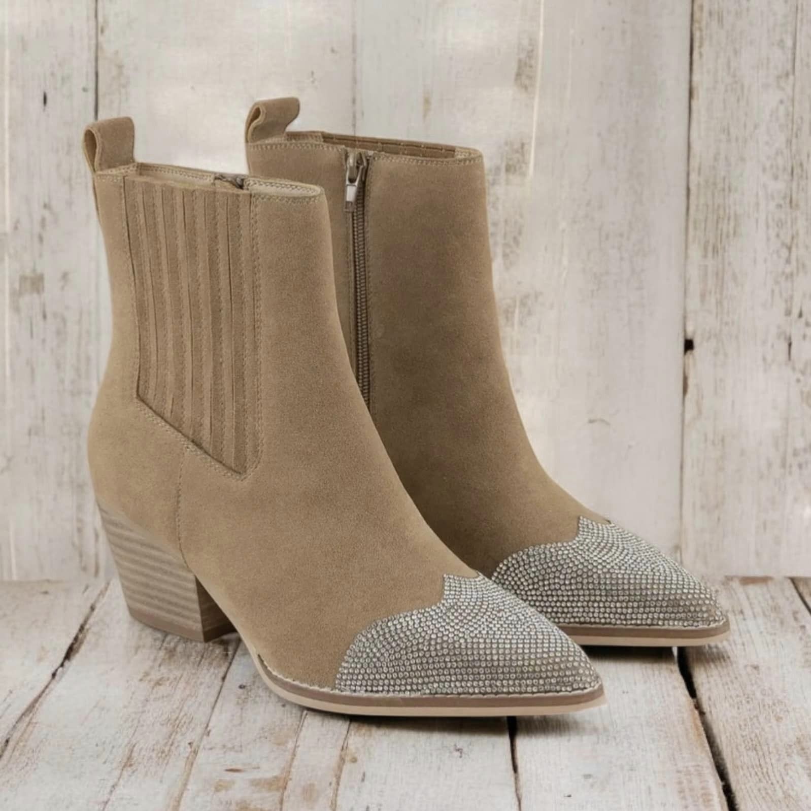 Khaki suede booties with rhinestone toe caps, perfect for chic outfits and versatile styling.