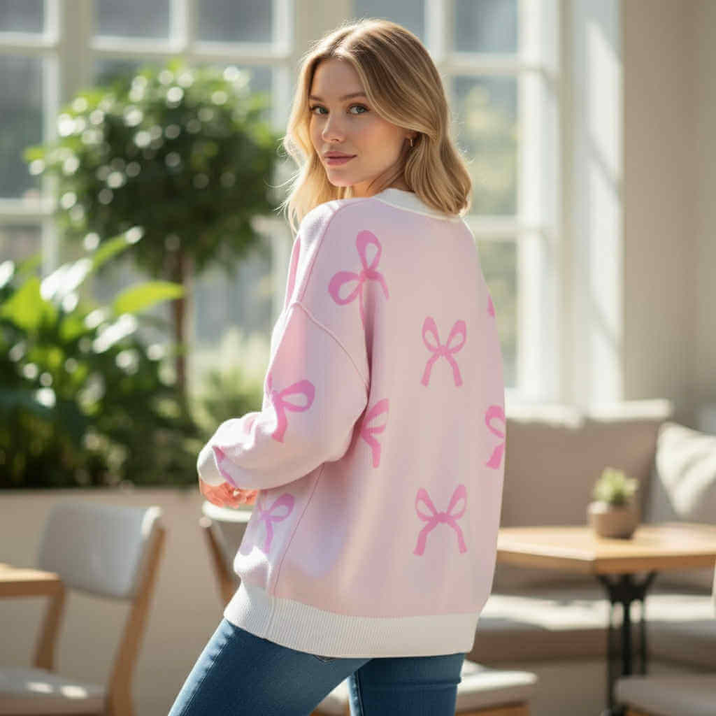 Model wearing KNOT OVER YOU SWEATER with pink bow print in a cozy setting, showcasing festive style and comfort.