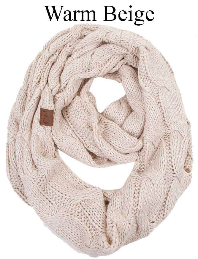 C.C Story Book Warm Beige Knitted Infinity Scarf in cozy cable knit design, 100% acrylic fabric.