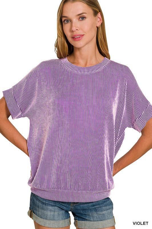 Coastal Current ribbed top in violet, featuring relaxed fit and short dolman sleeves, perfect for casual layering.