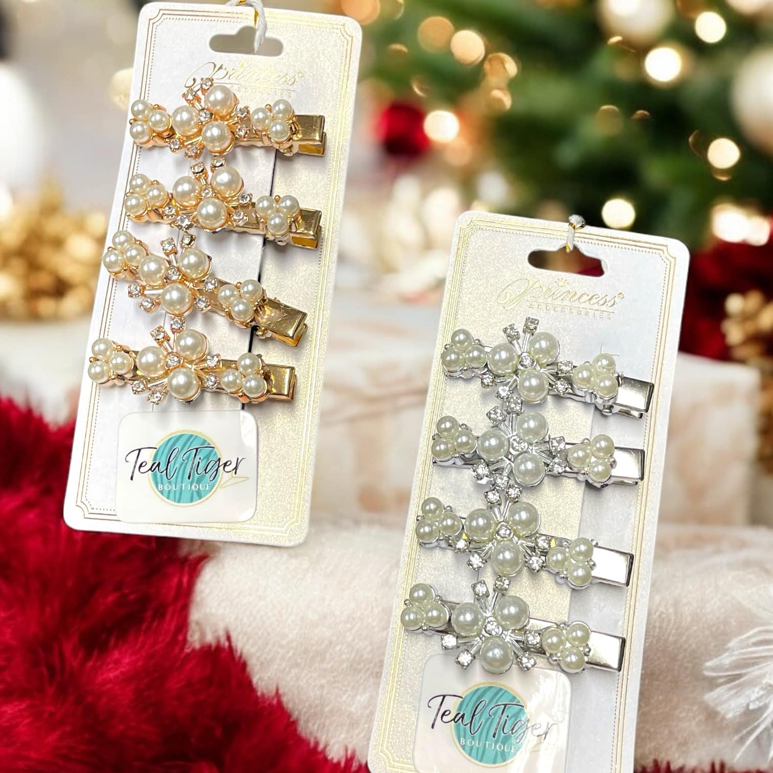 Four piece pearl and rhinestone hair clip set in gold and silver for elegant holiday styling.