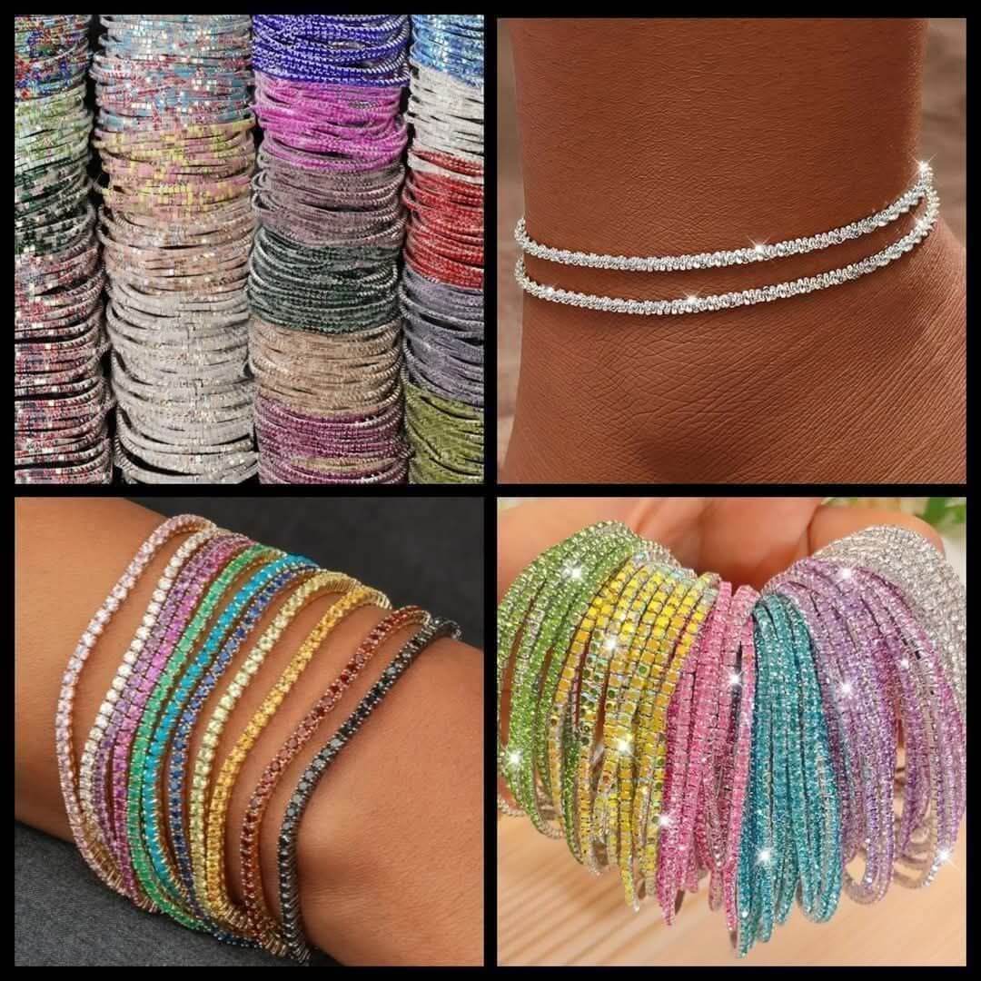 Sparkle Series tennis bracelets in various colors, showcasing stylish stretch designs for versatile stacking.