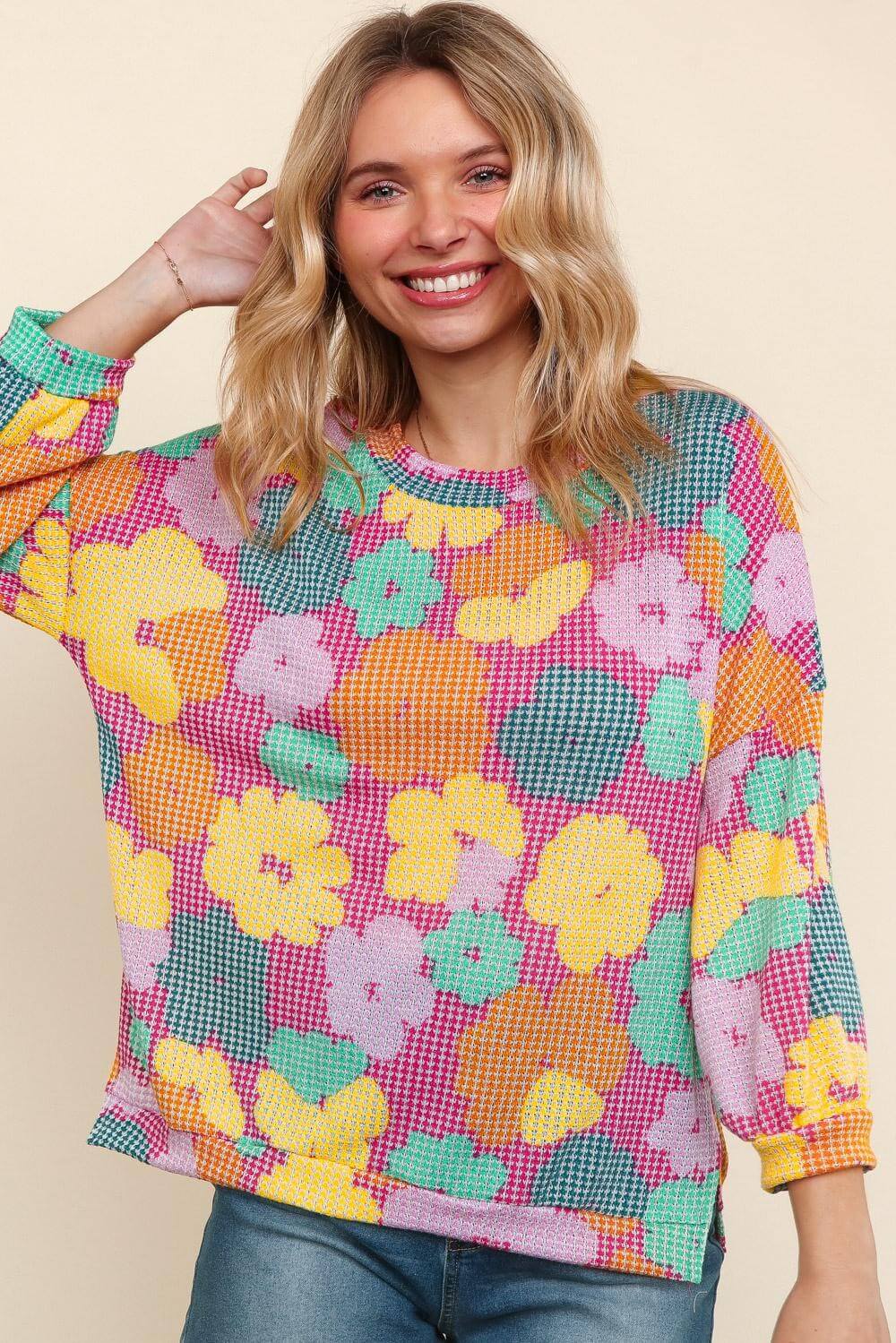 Colorful floral waffle knit Happy Daze Top by Haptics, featuring drop shoulders and bubble sleeves.