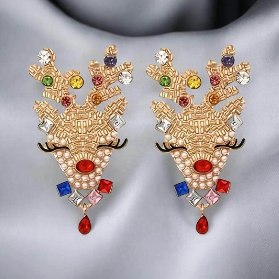 Creative gold tone rhinestone reindeer stud Christmas earrings by Vivian-Lu, featuring colorful stones.