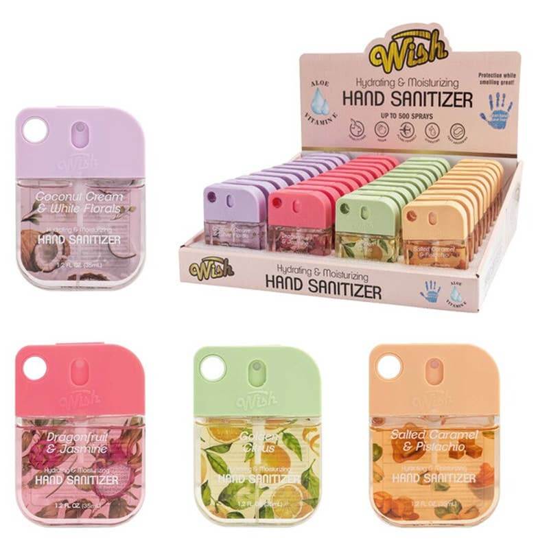 WISH HAND SANITIZER NEW (8 SCENTS AVAILABLE) display featuring various scents in attractive containers.
