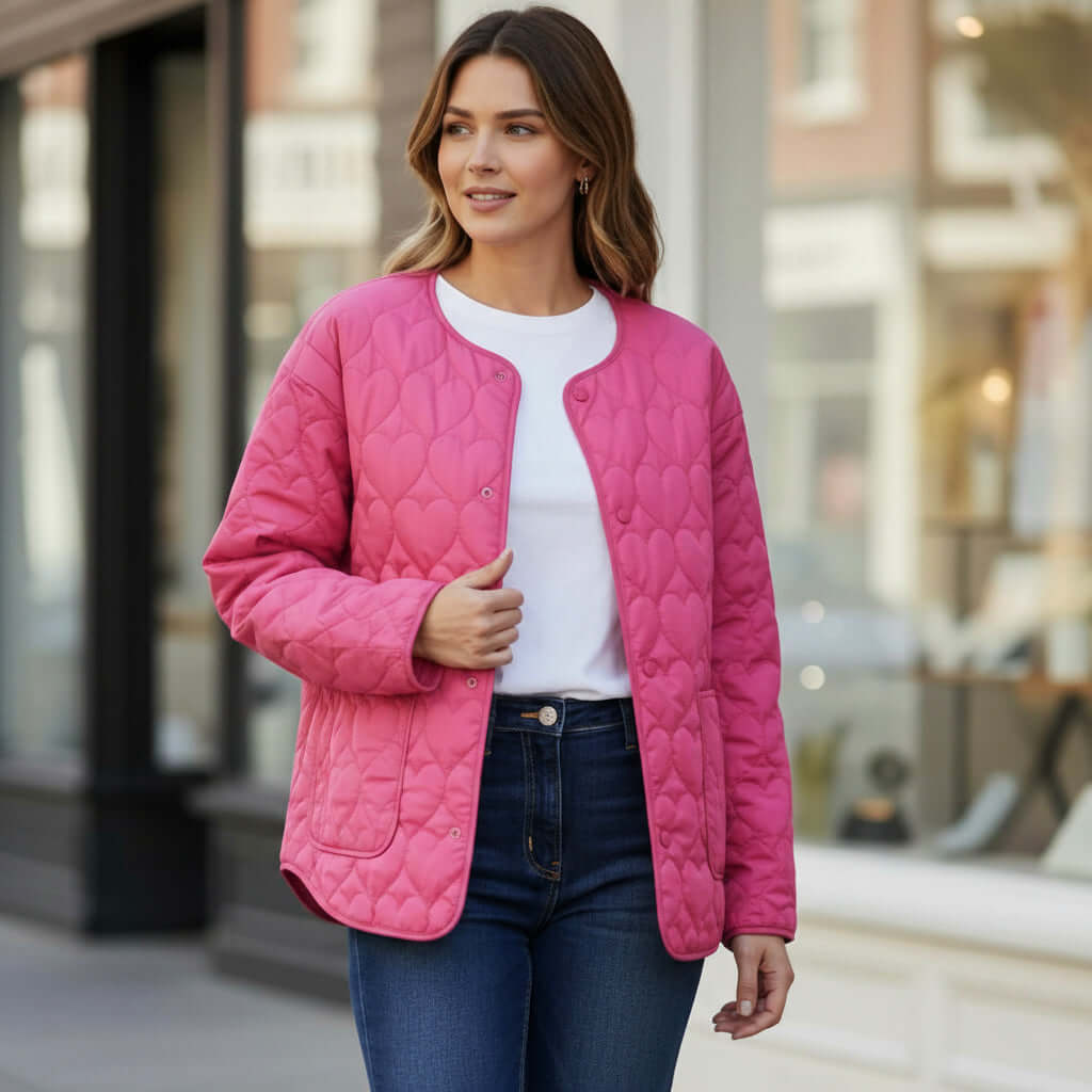 Woman wearing a SWEET TEMPO GUILTED JACKET in hot pink, showcasing a quilted design and stylish casual look.