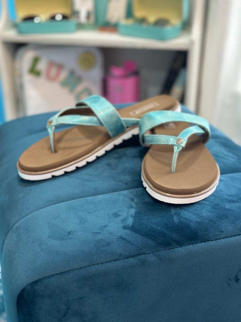 YELLOW BOX - SHAYNE turquoise sandals on a teal ottoman, stylish flip flops for summer outings.