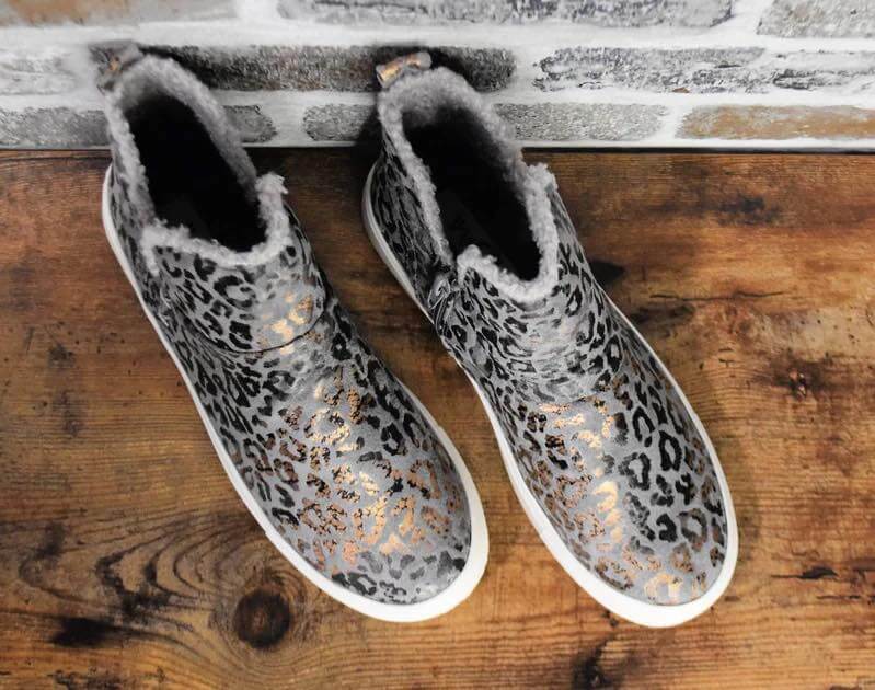 Very G Rica Booties in Leopard Gray with faux fur lining and leopard print design.