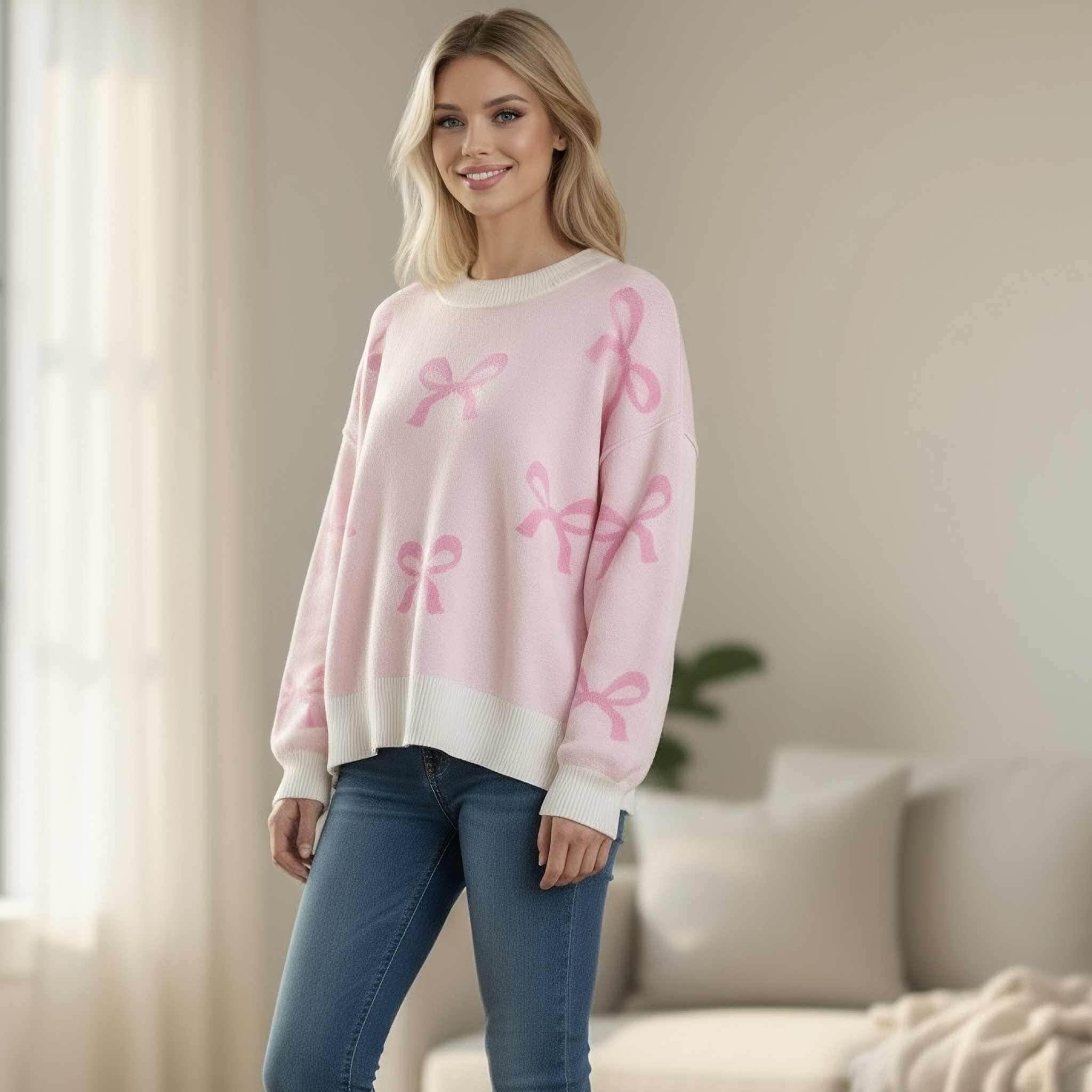 KNOT OVER YOU SWEATER featuring a cream and pink bow print, ribbed trim, and relaxed fit, ideal for cozy wear.