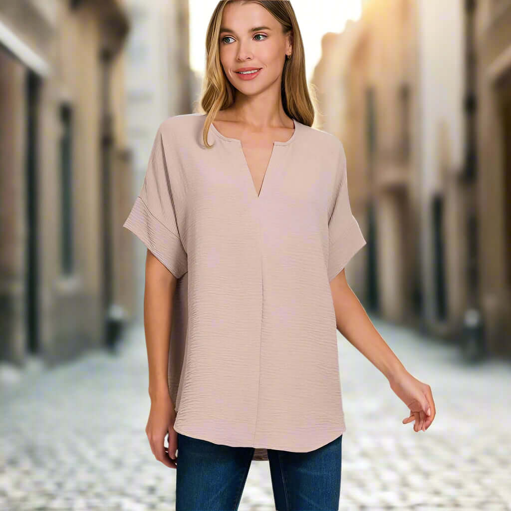 Soft Breeze Top by Zenana in light mocha, stylish and breathable for casual wear.