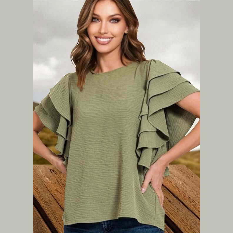 Dark sage Meadow Breeze top with tiered ruffle sleeves by Zenana, perfect for all-day comfort and versatile styling.