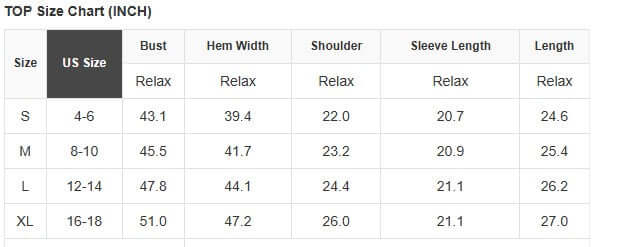 Size chart in inches for EASYGOING ERA CREW (latte), including bust, hem width, shoulder, sleeve length, and length measurements.