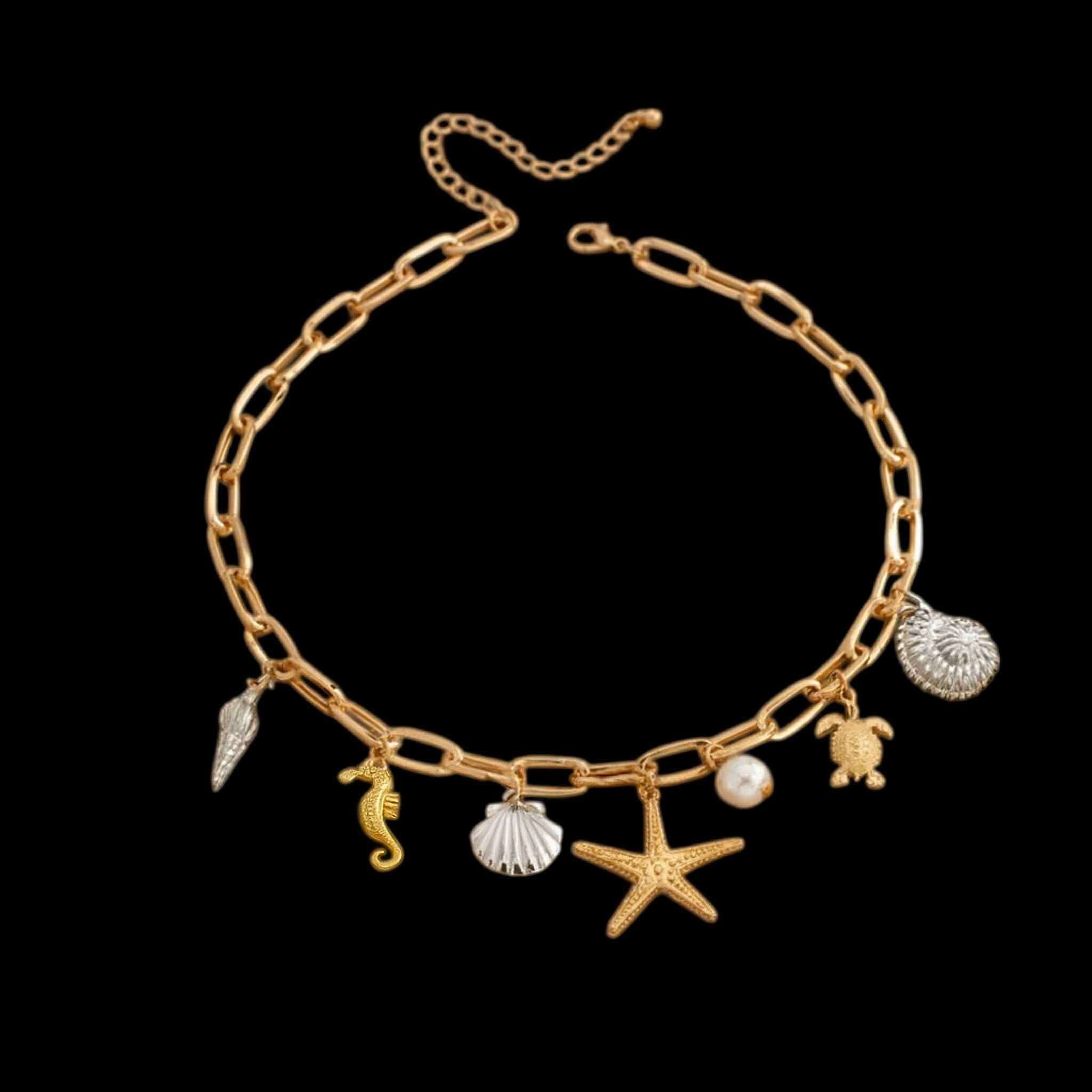 BEACHCOMBERS PARADISE CHARM NECKLACE featuring gold tone starfish, turtle, seahorse, and silver tone seashells.