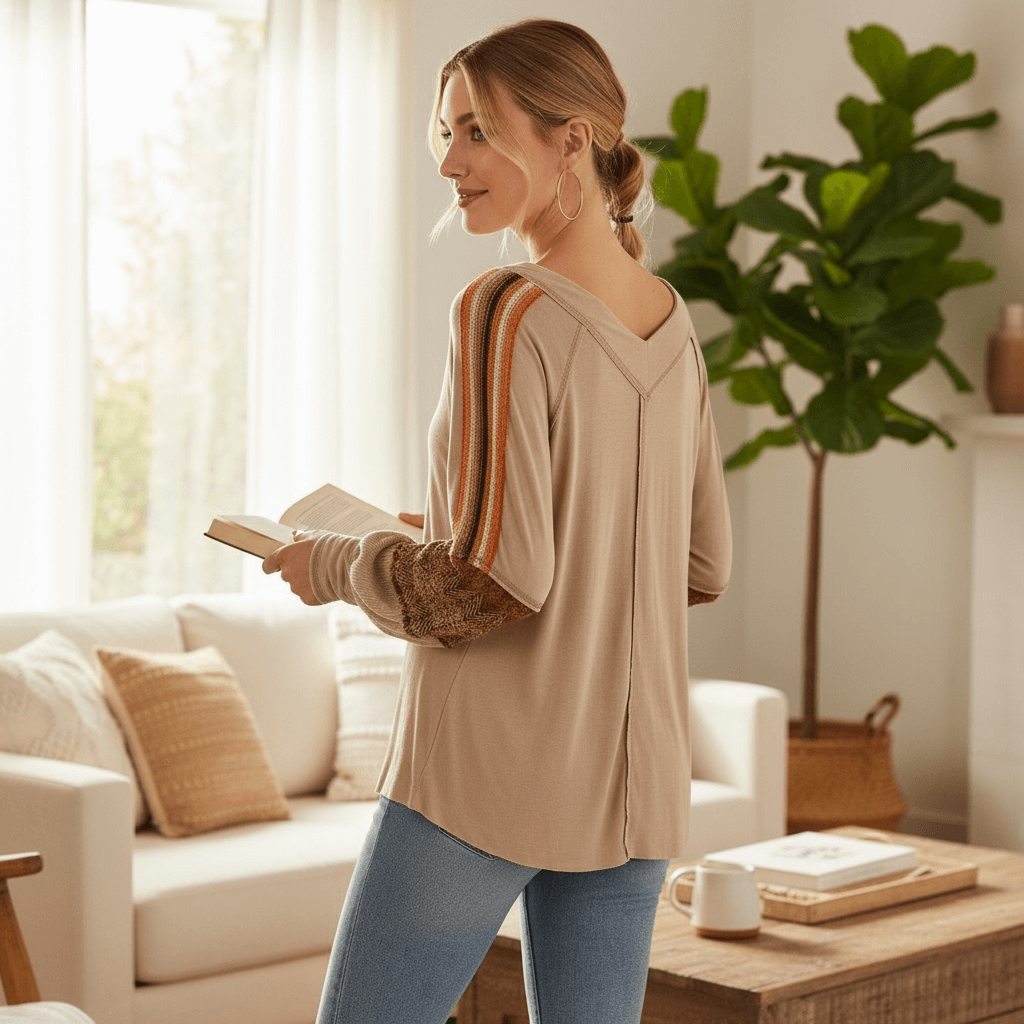 Model wearing COCOA GLOW TOP - Pol, showcasing boho-inspired crochet details and a flattering V-neck design.