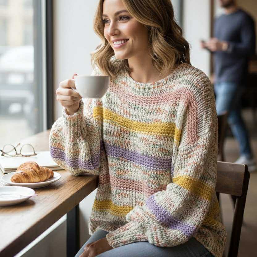 A woman enjoying coffee in an EASY LIKE SUNDAY SWEATER with colorful stripes, exuding cozy vibes at a cafe.