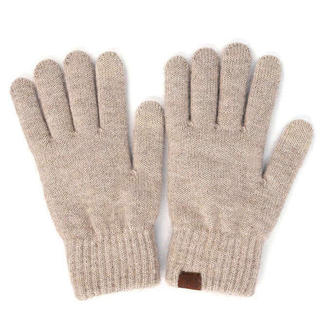 C.C. winter gloves in heather beige, made of soft recycled polyester and spandex for warmth in cold weather.