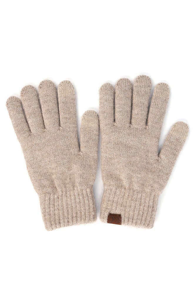 C.C. winter gloves in heather beige, made of soft recycled polyester and spandex for warmth in cold weather.