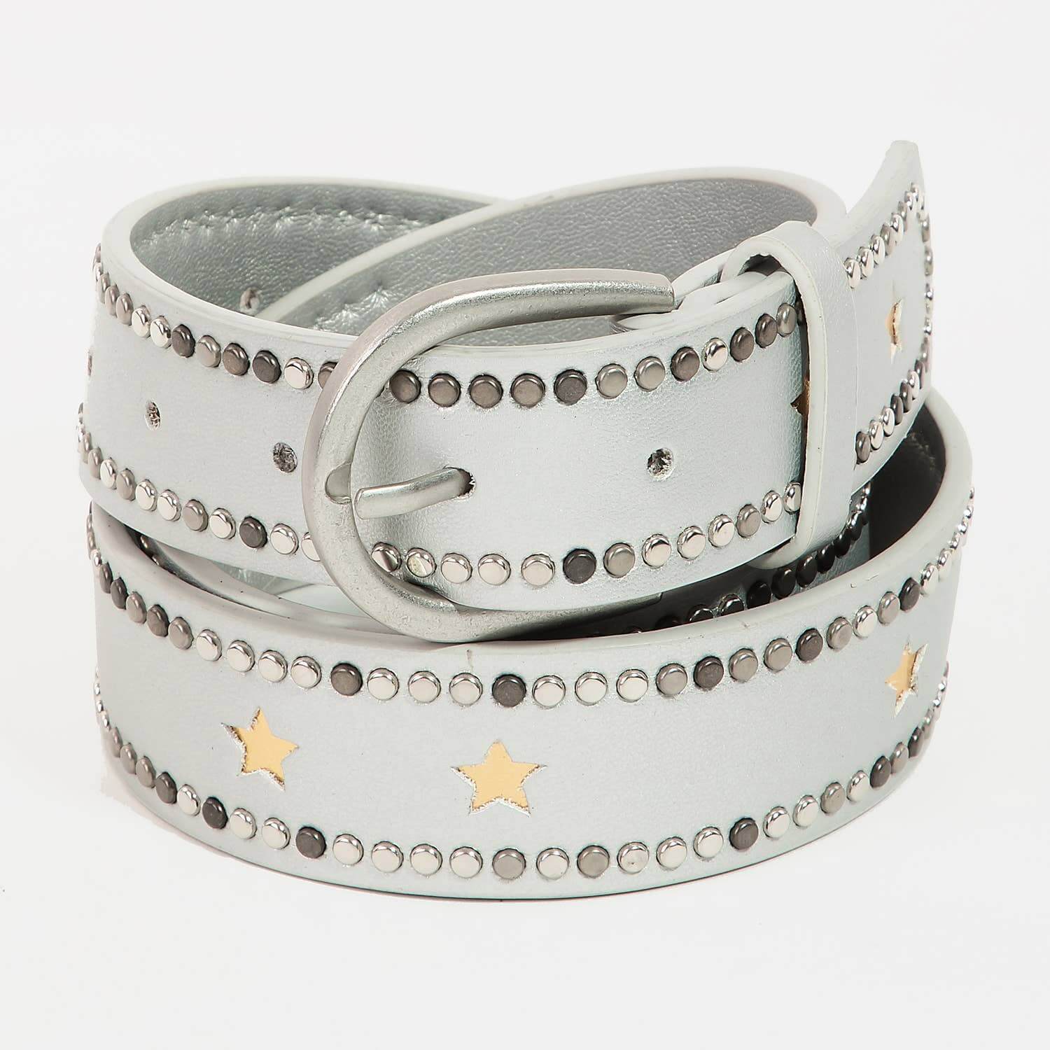 Fame Starry Studded belt in gray with golden stars and elegant studs, made from 100% alloy metal and polyurethane.