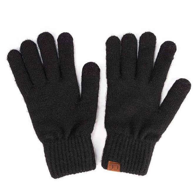 C.C. winter gloves in black, heather knit for warmth and comfort in cold weather, made from recycled materials.
