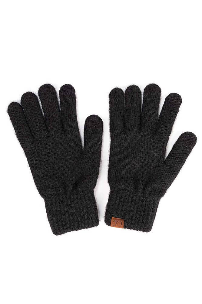 C.C. winter gloves in black, heather knit for warmth and comfort in cold weather, made from recycled materials.