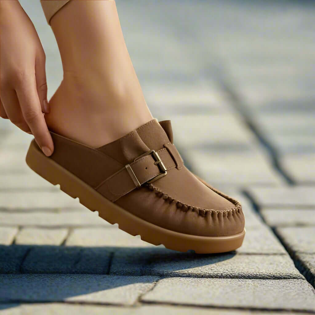 LAIDBACK LUXE SLIDES (mocha) stylish slip-on moccasin with a ruffle entrance design.