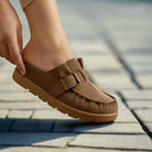 LAIDBACK LUXE SLIDES (mocha) stylish slip-on moccasin with a ruffle entrance design.