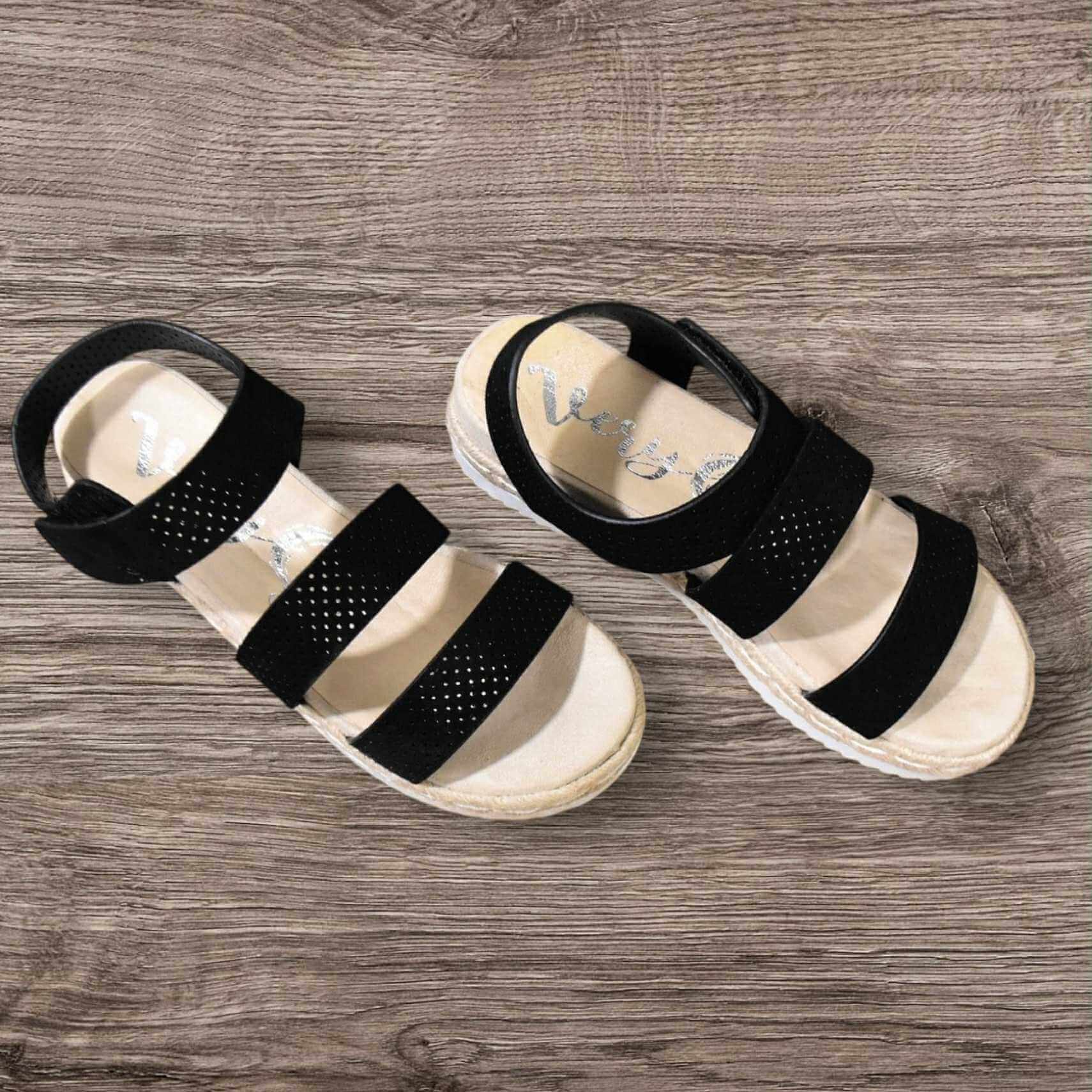 The Club Sandals by Very G: black platform sandals with memory foam footbed and adjustable straps.