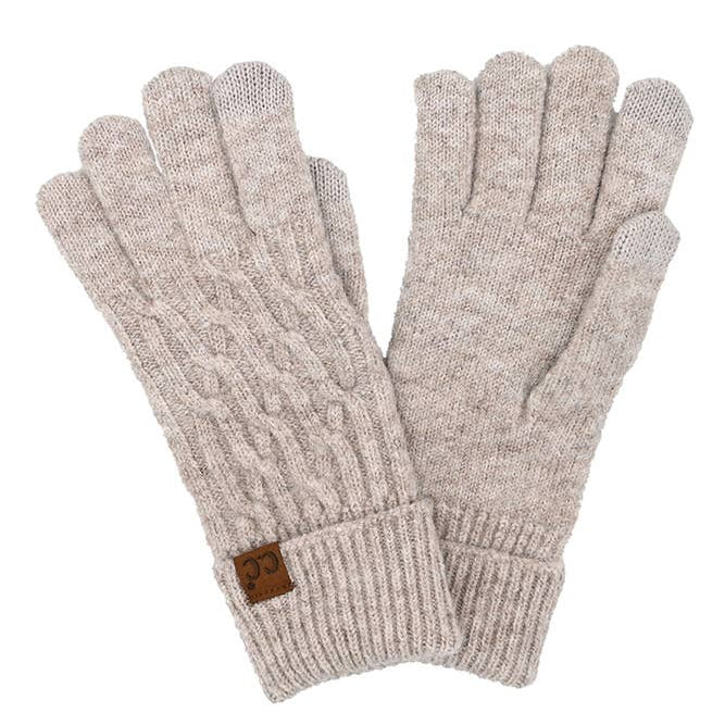 C.C Chain Link Cable Gloves in soft beige with cable knit design, made from recycled materials, perfect for warmth and style.