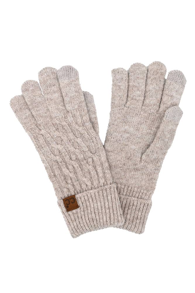 C.C Chain Link Cable Gloves in soft beige with cable knit design, made from recycled materials, perfect for warmth and style.