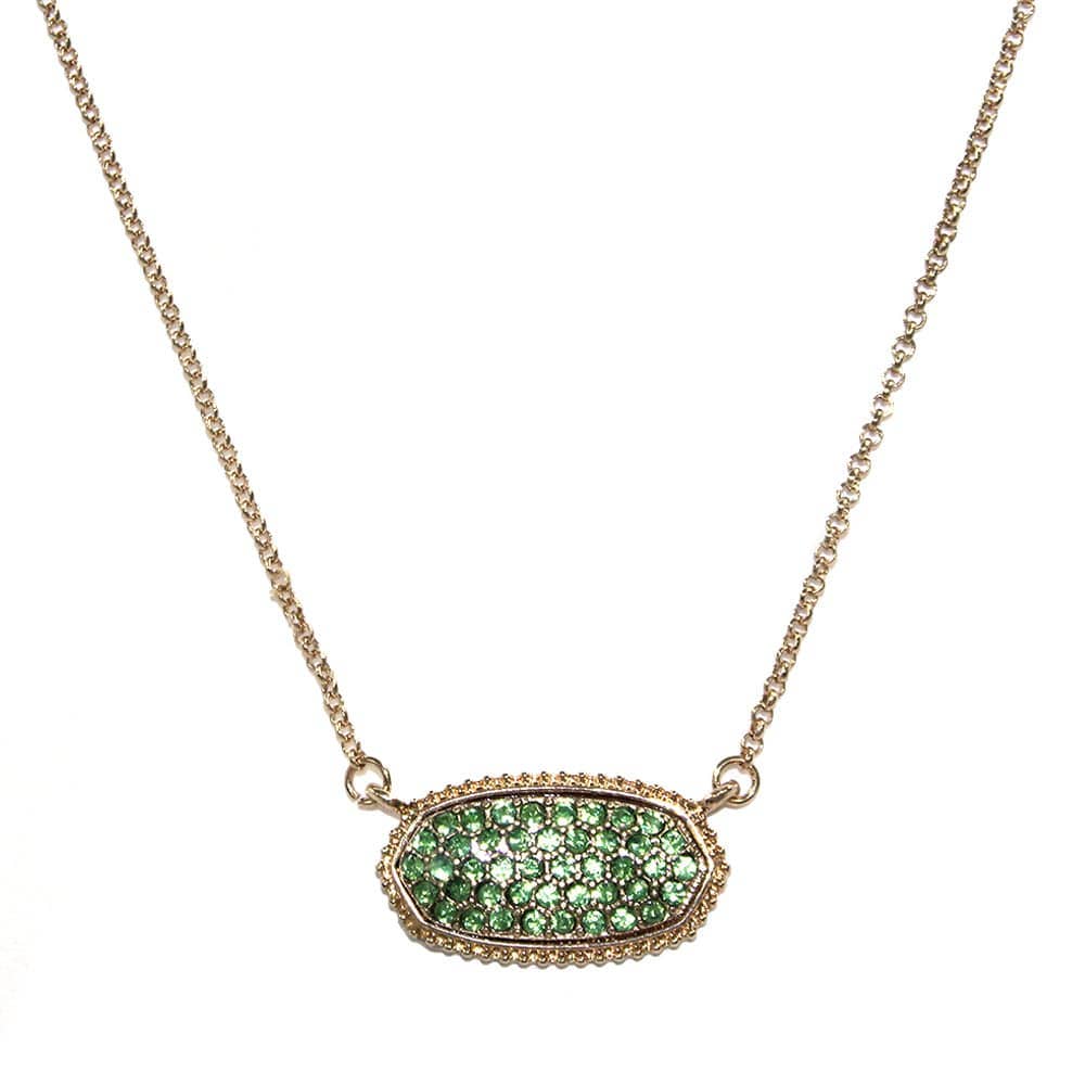 Druzy oval pendant necklace with green stone, elegant for casual or formal occasions, showcasing natural sparkle.