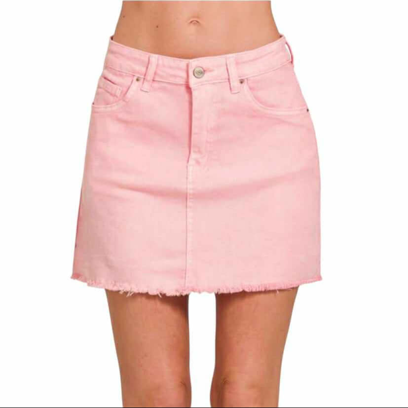 Pretty In Pink acid washed frayed hem denim skirt by Zenana, perfect for a trendy and comfortable summer look.