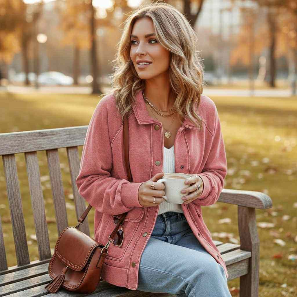 Model wearing SUNKISSED STYLE JACKET while sipping coffee on a park bench surrounded by autumn leaves.