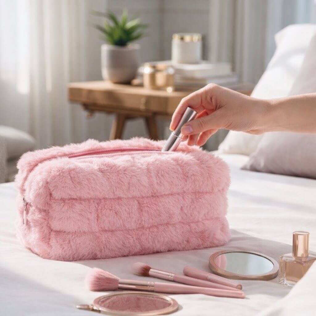 COTTON CANDY CRUSH MAKEUP CASE on a bed with makeup essentials, featuring plush faux fur and a cozy design.