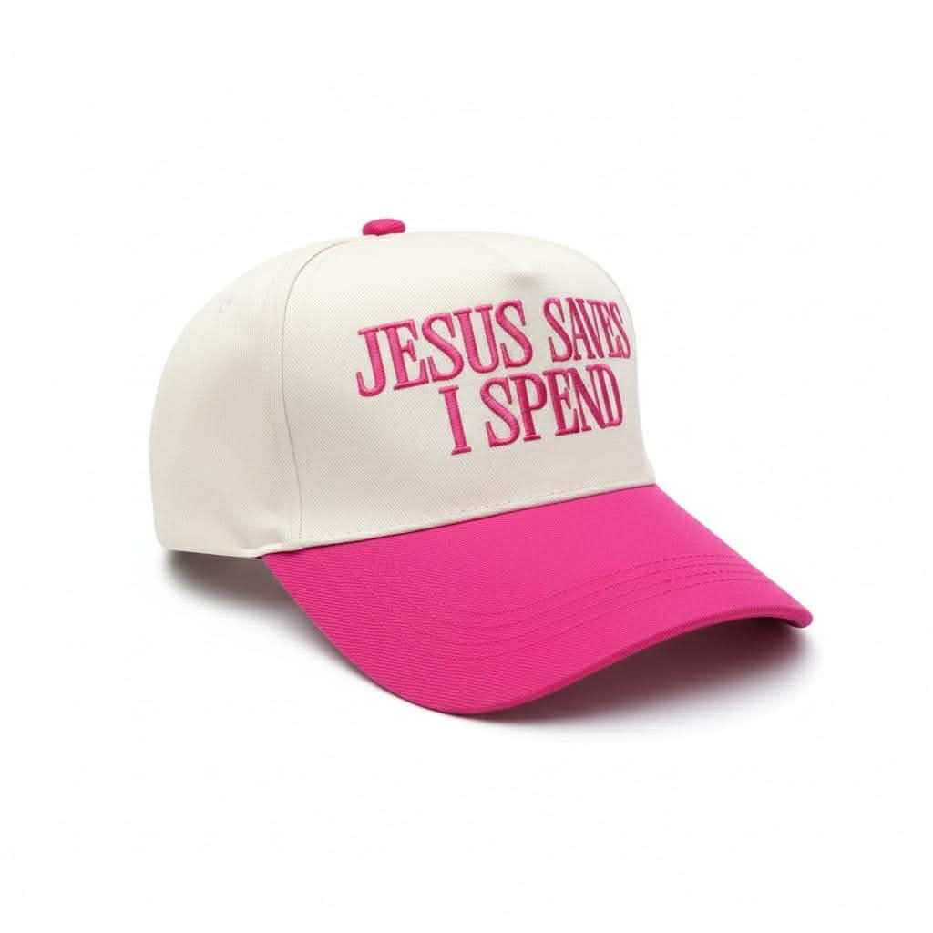 JESUS SAVES I SPEND CAP - Zenana two-tone canvas cap with pink brim and embroidered text.