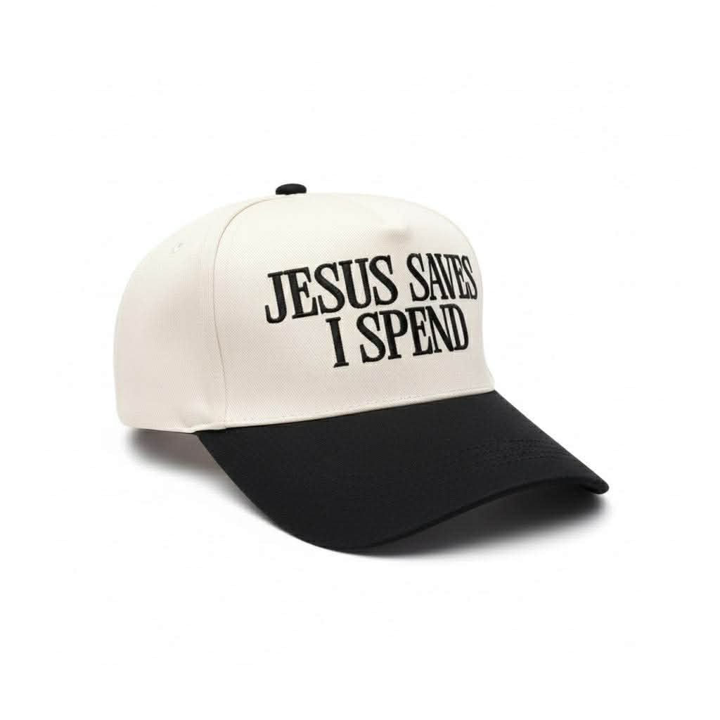 JESUS SAVES I SPEND CAP - Zenana, two-tone canvas cap with black and white design, stylish and breathable for everyday wear.