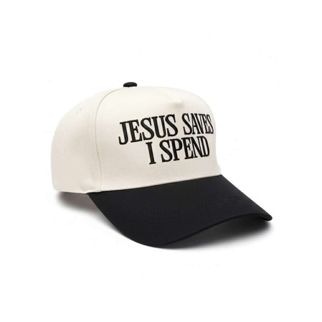 JESUS SAVES I SPEND CAP - Zenana featuring a two-tone design with black and white colors.