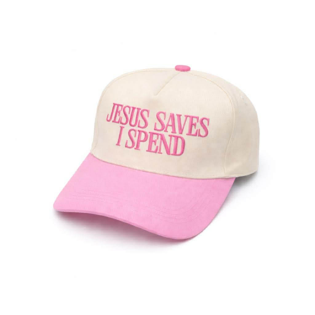 JESUS SAVES I SPEND CAP - Zenana features a two-tone design with pink brim and embroidered text.