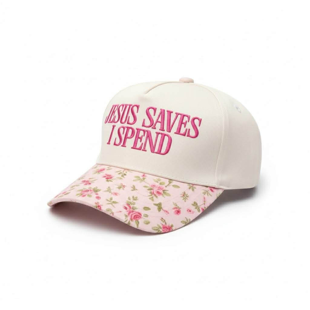JESUS SAVES I SPEND CAP - Zenana floral design two-tone canvas cap with pink embroidery on the front.