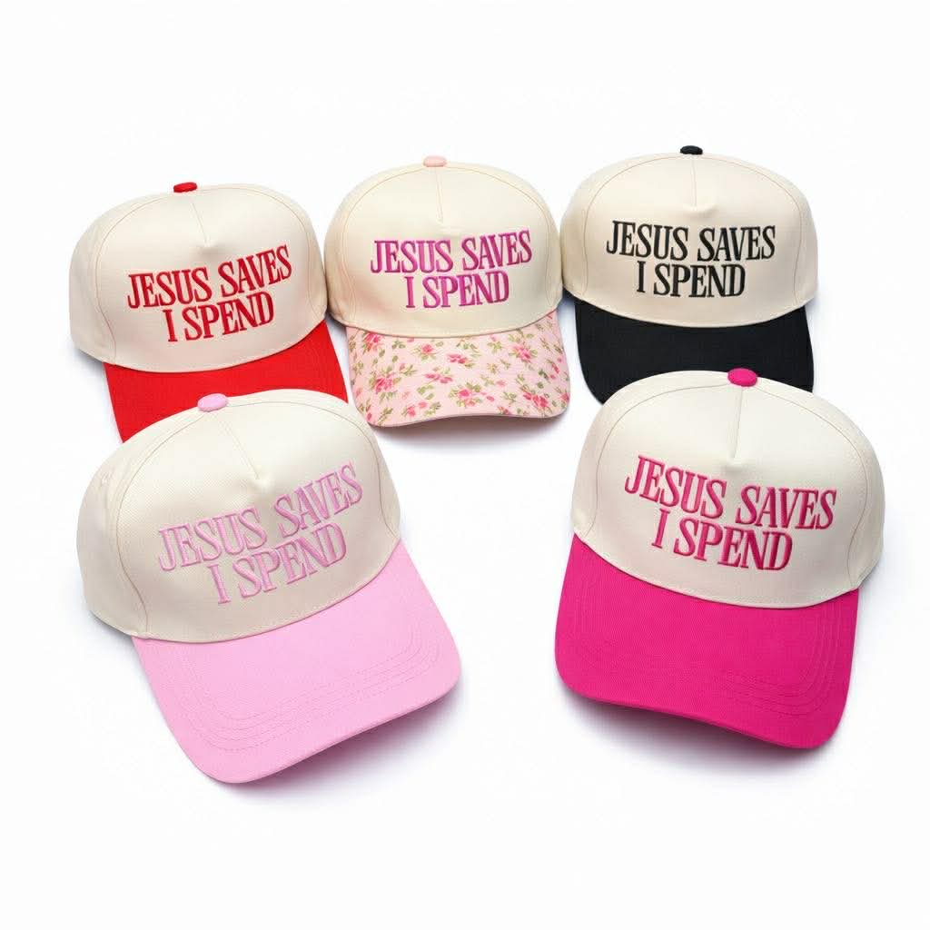 Five caps featuring 'JESUS SAVES I SPEND CAP - Zenana' in various colors and designs.