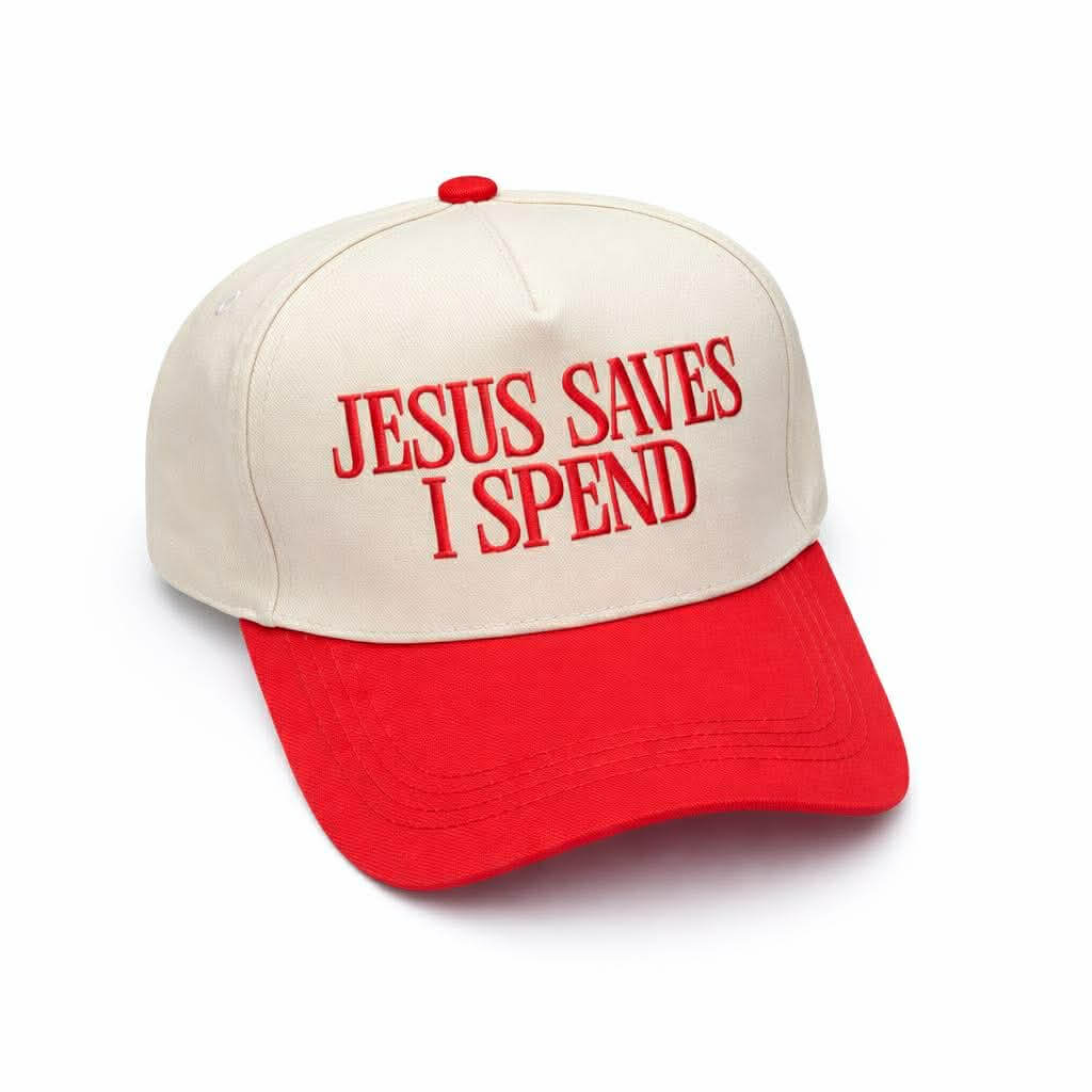 JESUS SAVES I SPEND CAP - Zenana in two-tone canvas, featuring bold red embroidery on a beige cap.