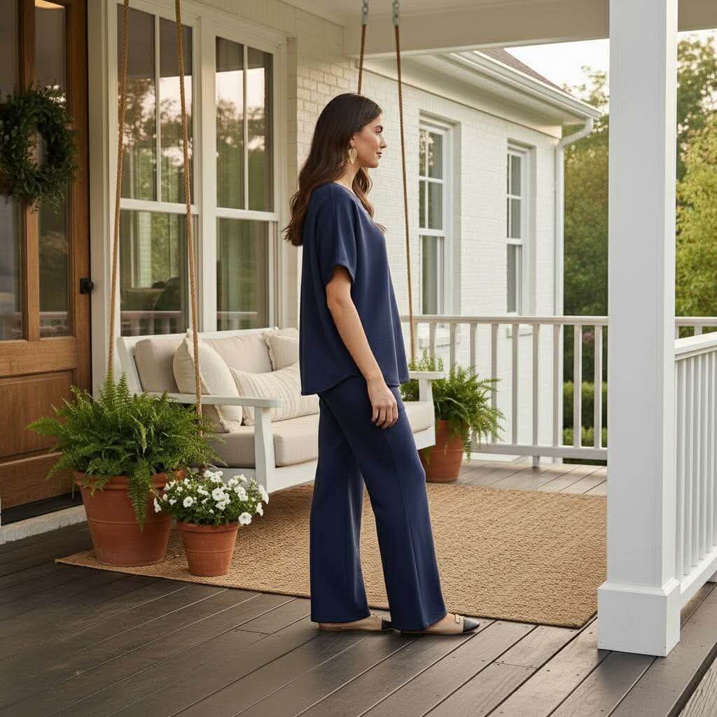 Woman wearing HARBORLINE 2 PIECE PANTS SET, standing on porch with plants, showcasing relaxed fit and stylish design.