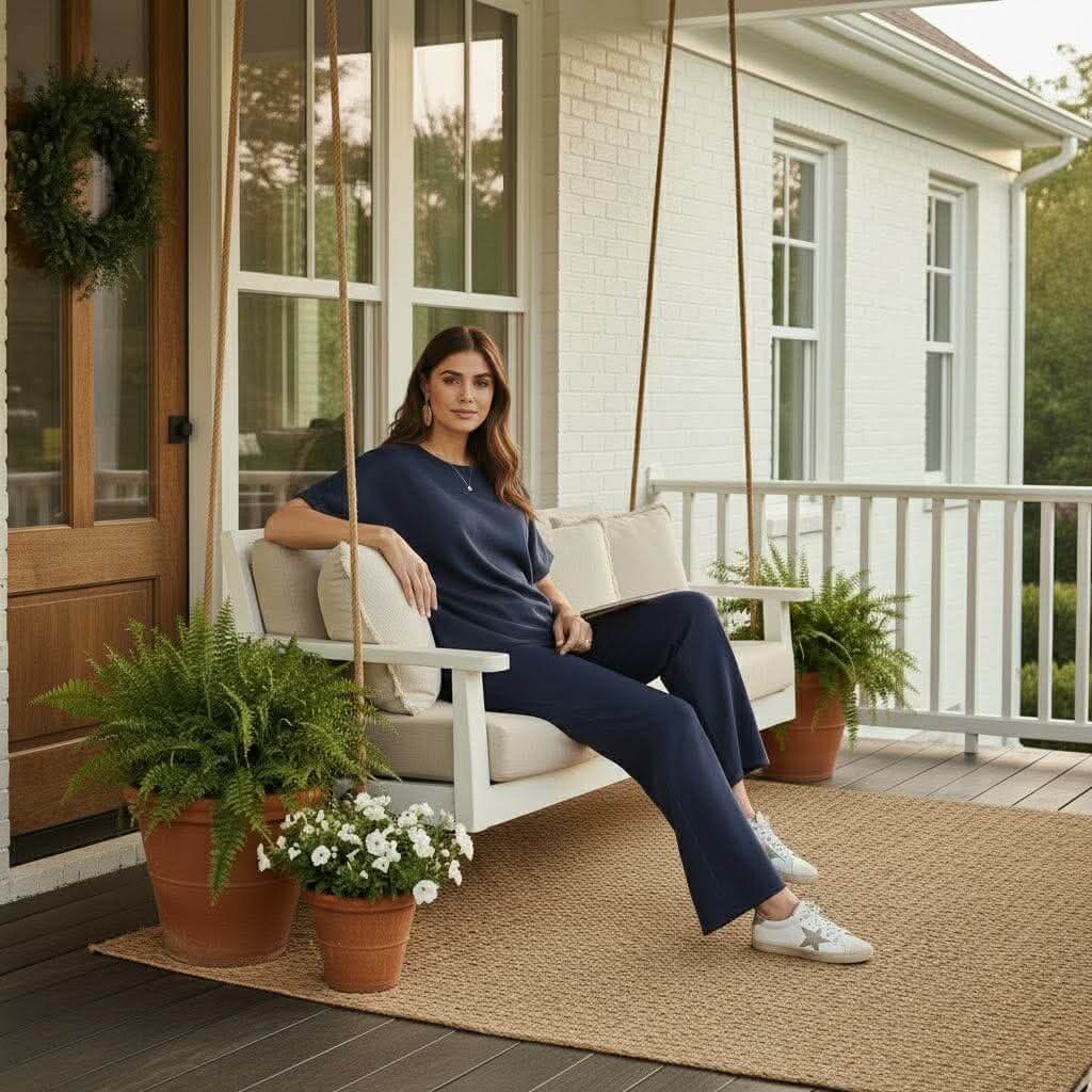 Model wearing HARBORLINE 2 PIECE PANTS SET, relaxing on a porch swing surrounded by plants.