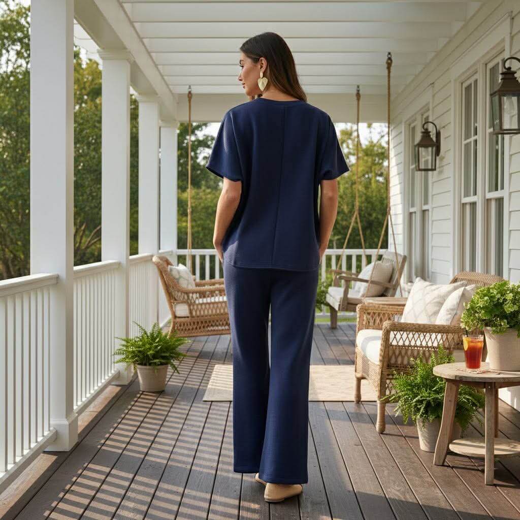 HARBORLINE 2 PIECE PANTS SET featuring a relaxed fit top and slight bell flare pants, perfect for comfort and style.